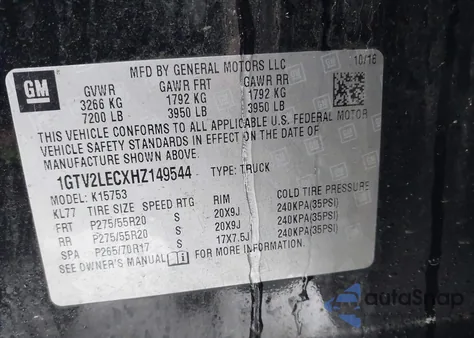 2017 GMC Sierra 1500 z USA, uszkodzony, nr VIN 1GTV2LECXHZ149544